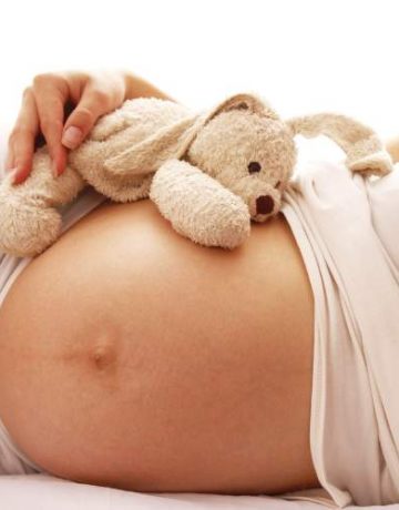 Schwangere Frau hält sich Kuscheltier an ihren Babybauch